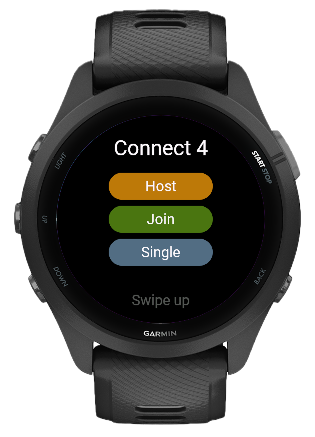 Connect 4 main menu showing Host, Join, and Single options