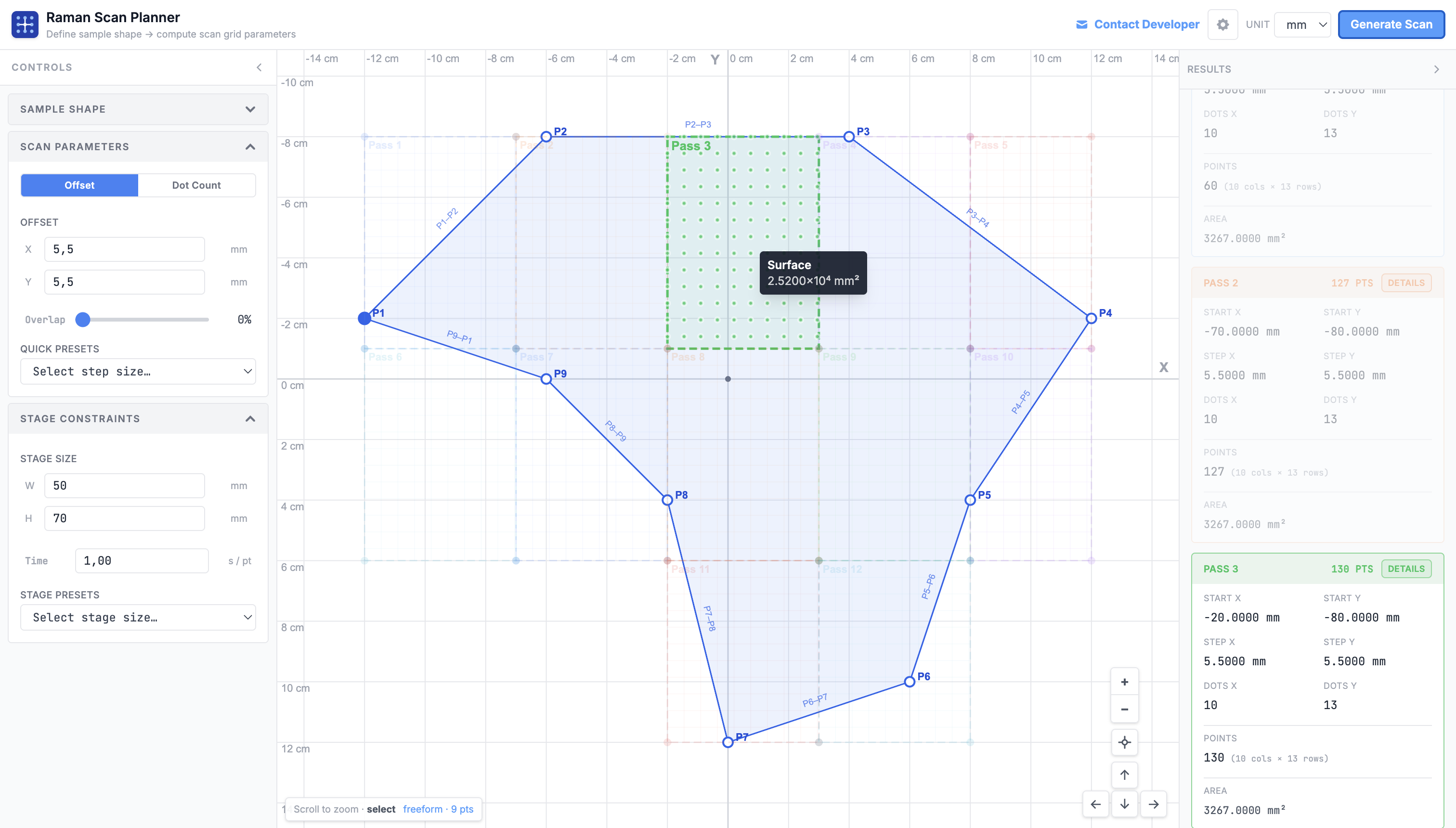 Surface area tooltip and scan parameters