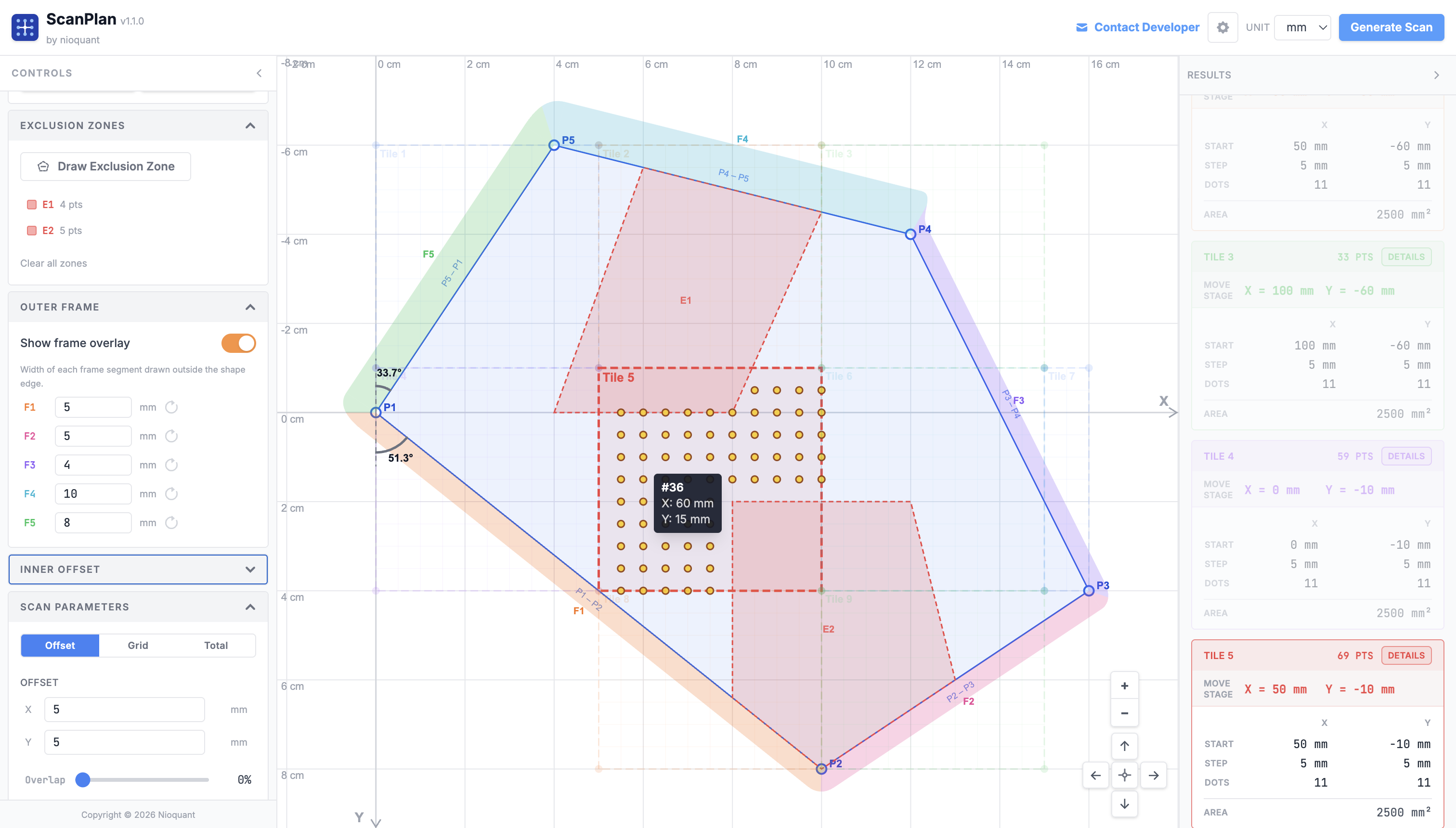 Exclusion zones and outer frame on freeform sample